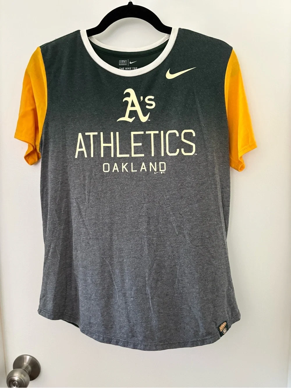 Nike Women's A's Gray & Yellow Athletics Tee